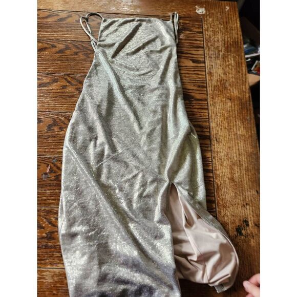 H:ours gold metallic backless front slit dress sz Small - Picture 1 of 3